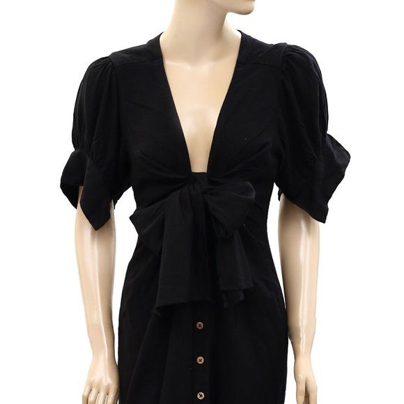 Free People Free-est Vintage Summer Midi Dress Buttondown Black Ruched - Picture 6 of 8